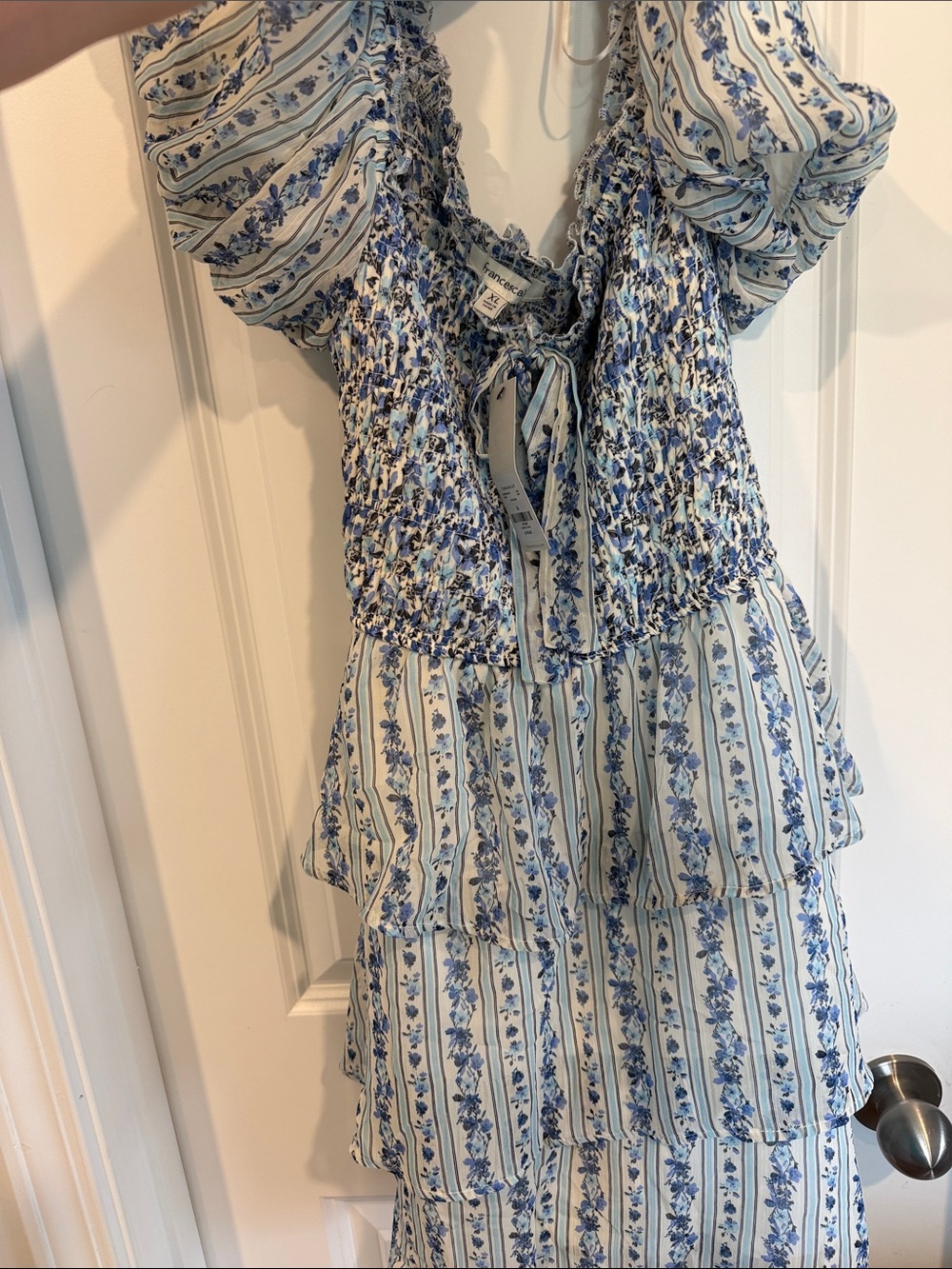 Francesca's Collections Blue and White Floral Tiered Mini Dress